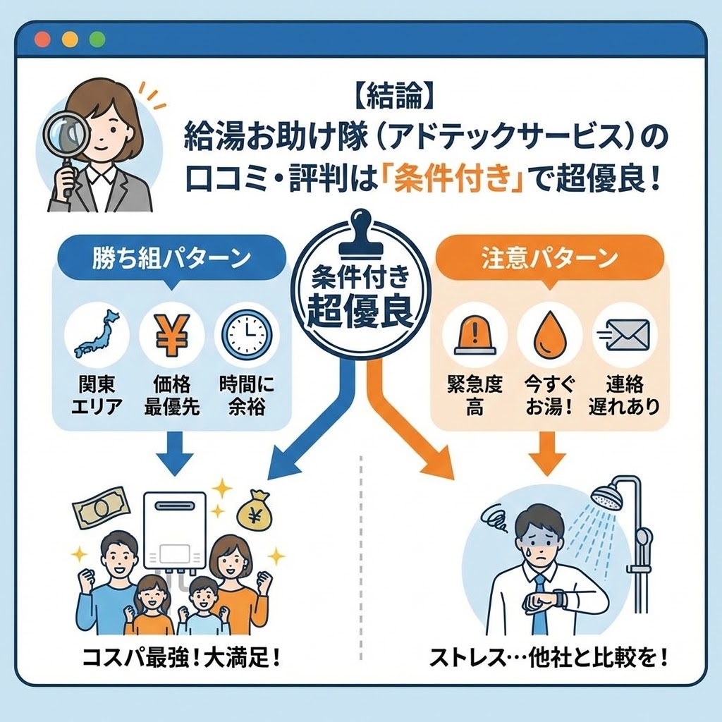 給湯お助け隊（アドテックサービス）の口コミ・評判に関する結論を図解したイラスト。「条件付きで超優良」という評価のもと、関東エリアで価格を最優先し時間に余裕がある場合は「勝ち組パターン」としてコスパ最強の結果になり、緊急度が高くすぐにお湯を使いたい場合は「注意パターン」として連絡の遅れなどでストレスを感じる可能性があることを、女性探偵のキャラクターとともに分かりやすく示している。