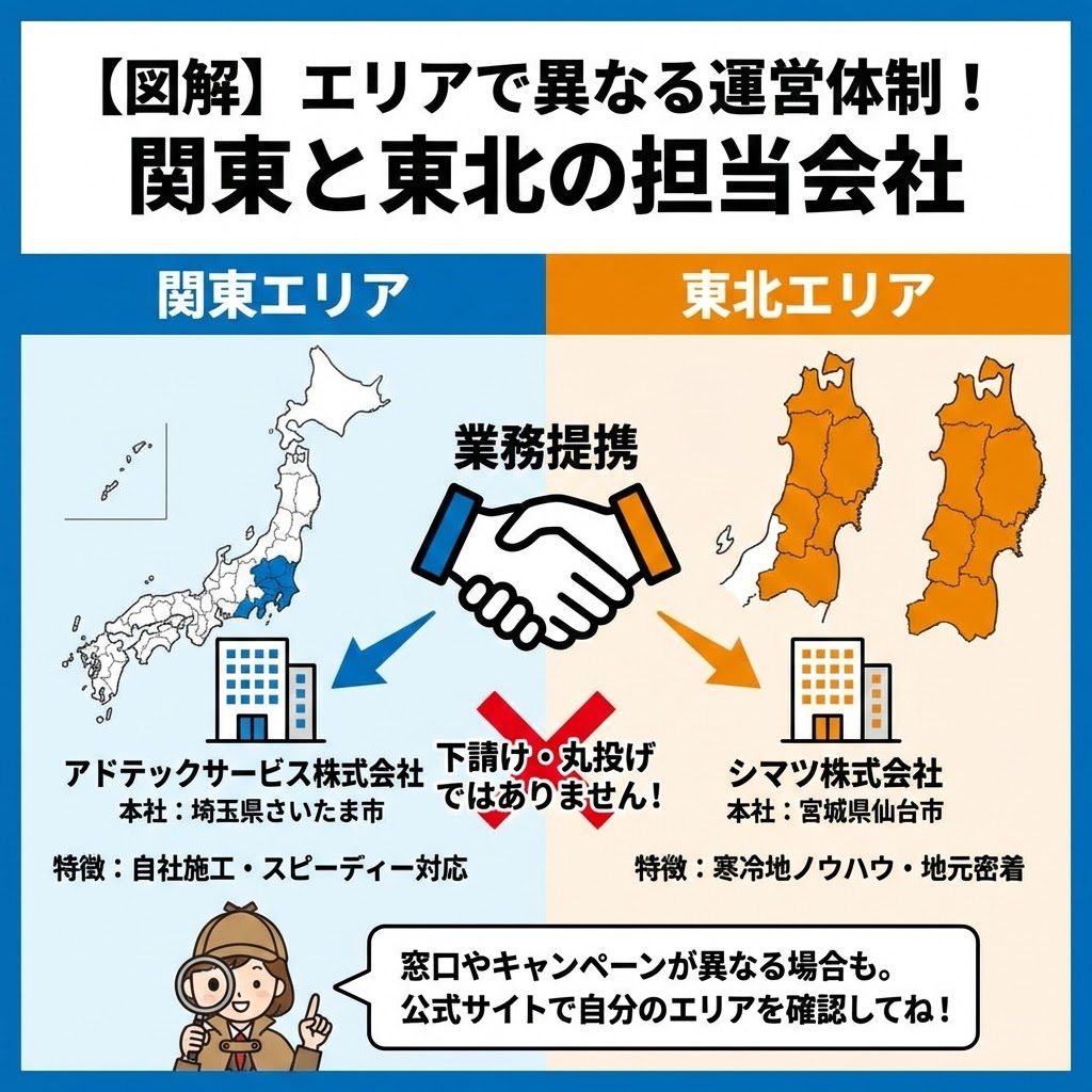 【図解】給湯お助け隊のエリア別運営体制を示すイラスト。関東エリアはアドテックサービス株式会社（本社：埼玉県さいたま市、特徴：自社施工・スピーディー対応）、東北エリアはシマツ株式会社（本社：宮城県仙台市、特徴：寒冷地ノウハウ・地元密着）が担当。両社は業務提携関係にあり、下請けや丸投げではないことを握手のアイコンとバツ印で強調。窓口やキャンペーンが異なる場合があるため、公式サイトでの確認を探偵キャラクターが促している。