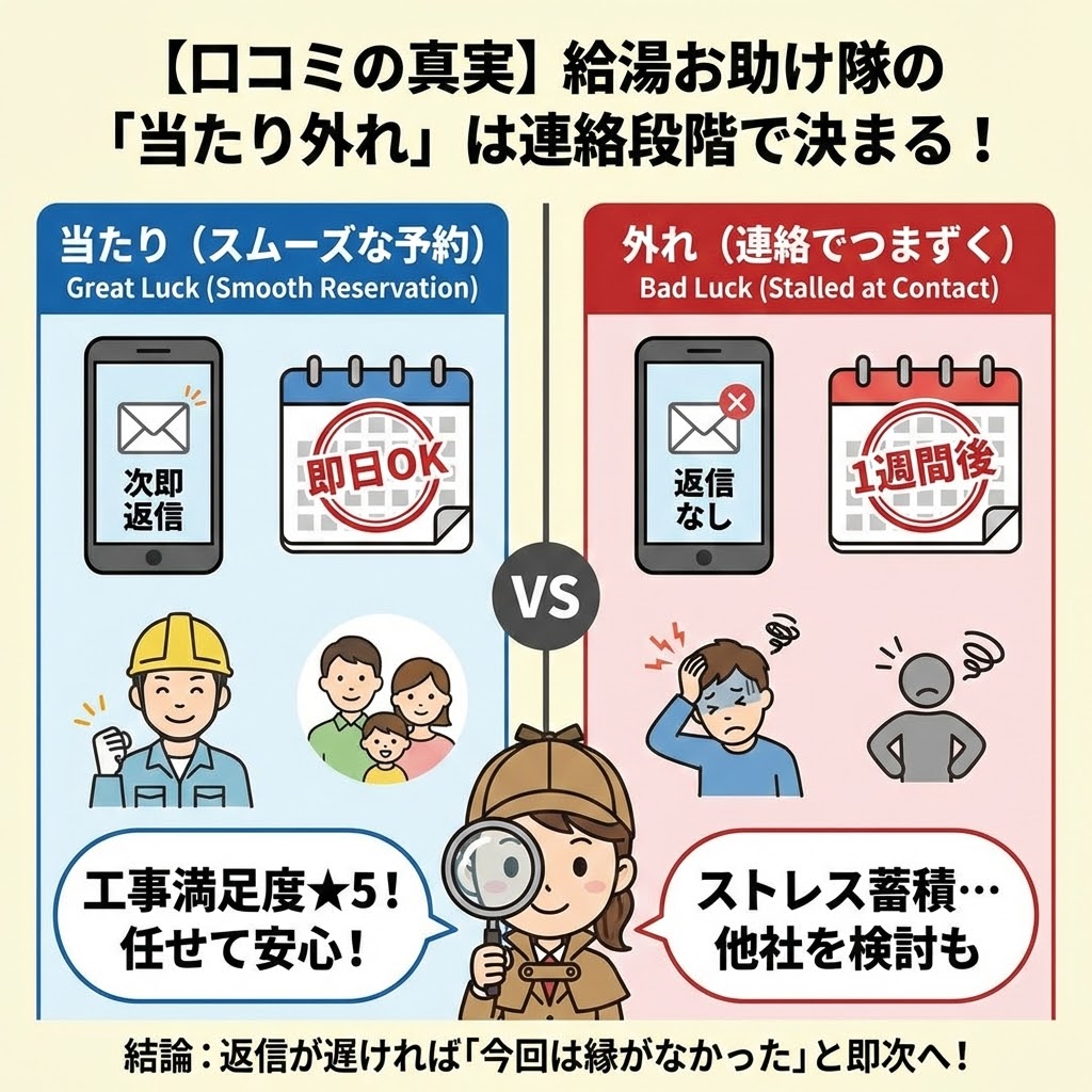 【口コミの真実】給湯お助け隊の「当たり外れ」は連絡段階で決まる！と題された比較インフォグラフィック。左側の「当たり（スムーズな予約）」では、次即返信・即日OKで工事満足度★5となる流れを、右側の「外れ（連絡でつまずく）」では、返信なし・1週間後でストレスが蓄積する流れを図解。中央の探偵キャラクターが「結論：返信が遅ければ『今回は縁がなかった』と即次へ！」とアドバイスしている。