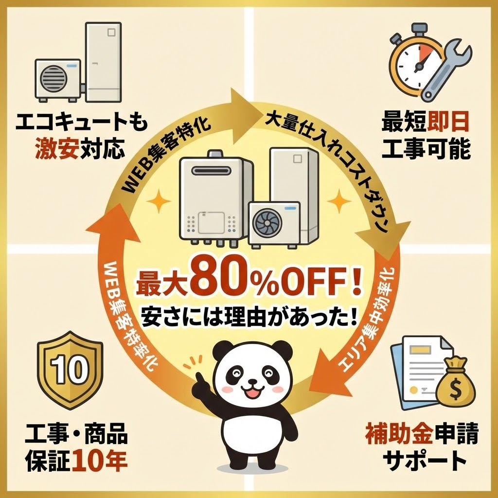 給湯パンダの5つのメリットと安さの理由を図解したイラスト。最大80%OFFの理由としてWEB集客特化、大量仕入れ、エリア集中を挙げ、エコキュート対応、即日工事、10年保証、補助金サポートなどのメリットを給湯パンダのキャラクターと共に紹介している。