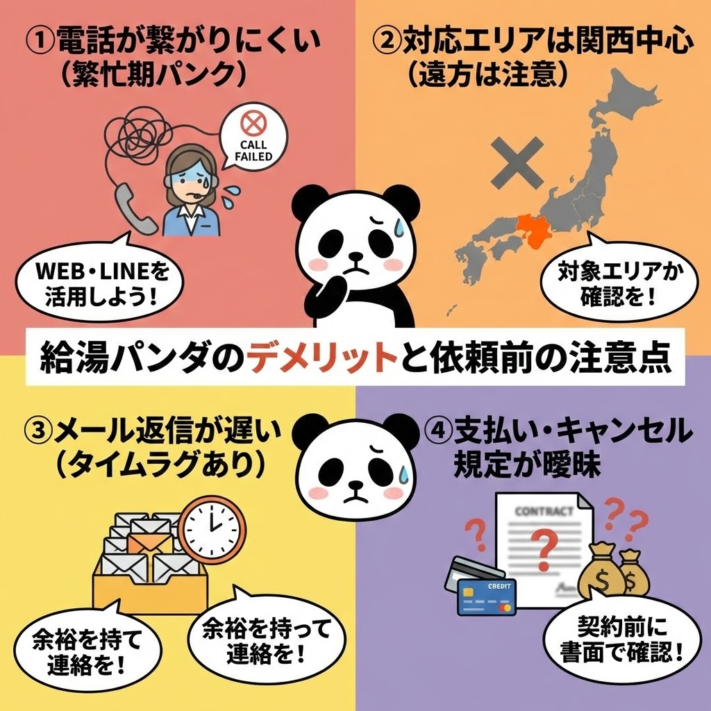 給湯パンダの4つのデメリットと依頼前の注意点をまとめた図解。電話の繋がりにくさ、関西中心の対応エリア、メール返信の遅さ、不明確な支払い・キャンセル規定について、それぞれイラストと対策ポイントを給湯パンダのキャラクターが紹介している。