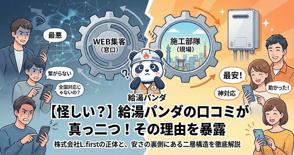 給湯パンダの口コミが「最悪」と「最安」に割れる理由を描いたアイキャッチ画像。左右に評価が分かれた人々と、その原因であるWEB集客と施工部隊の二層構造を示す歯車、中央に困った給湯パンダのイラスト。