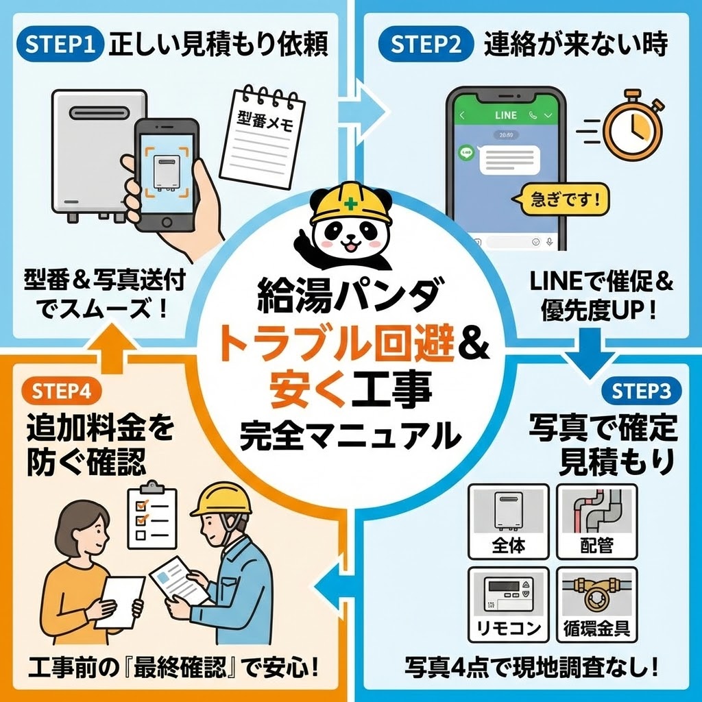 給湯パンダでトラブルを回避し、安く工事するための完全マニュアル図解。STEP1：型番と写真で正しい見積もり依頼、STEP2：連絡が遅い時はLINEで催促、STEP3：写真4点（全体・配管・リモコン・循環金具）で確定見積もり、STEP4：工事前にご契約内容の最終確認で追加料金を防ぐ、という4つの手順をイラストで解説。