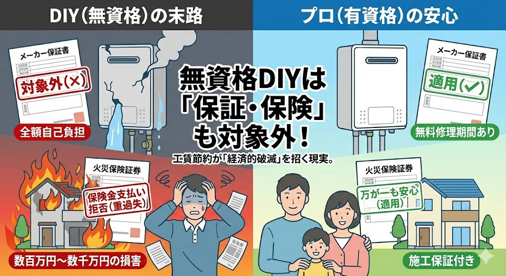 ガス給湯器の無資格DIY交換が「保証・保険の対象外」となり経済的破滅を招くリスクと、有資格者のプロに依頼した場合の安心を比較したイラスト。DIY（左側）では故障時のメーカー保証対象外（全額自己負担）や、火災時の火災保険支払い拒否（重過失による数千万円の損害）が描かれ、プロ（右側）では保証・保険が適用され施工保証も付くことが対比されている。