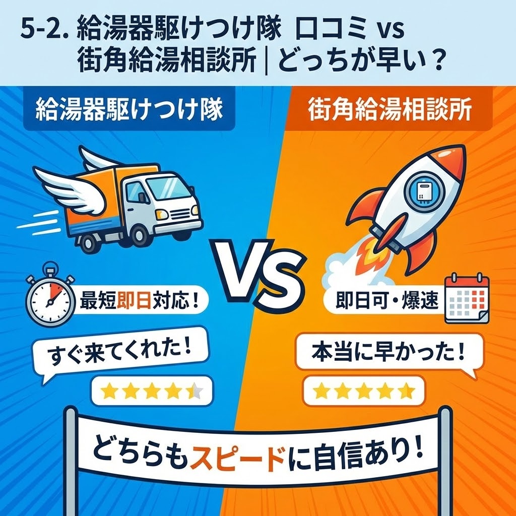 「給湯器駆けつけ隊」と「街角給湯相談所」の対応スピードを比較したイラスト。「給湯器駆けつけ隊」は翼付きトラックで「最短即日対応」、「街角給湯相談所」はロケットで「即日可・爆速」と表現し、それぞれの良い口コミ（「すぐ来てくれた！」「本当に早かった！」）と評価（星4つと星5つ）を掲載。下部には「どちらもスピードに自信あり！」と記された、両社の対決構図の図解。
