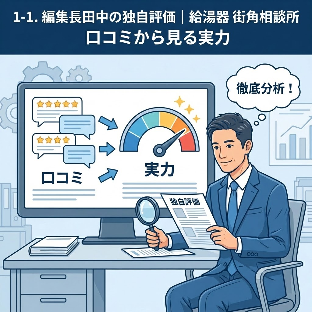 編集長田中による「給湯器 街角相談所」の独自評価イラスト。デスクで虫眼鏡と「独自評価」の書類を持つ編集長が、モニターに表示された口コミ情報を徹底分析し、その実力を評価している様子を可視化。