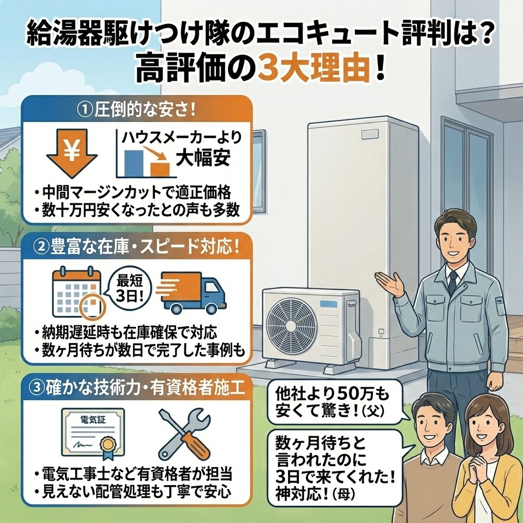 給湯器駆けつけ隊のエコキュート交換に関する評判・口コミ。在庫確保や施工技術について解説した画像