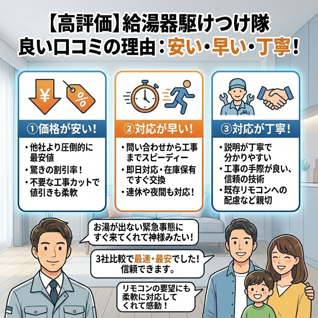 給湯器駆けつけ隊の「価格が安い」「対応が早い」という良い口コミ・評判をまとめた画像
