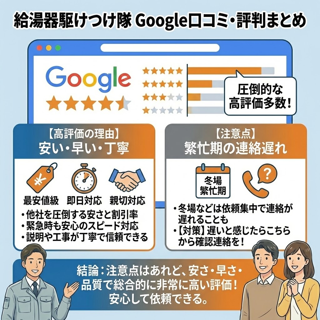 給湯器駆けつけ隊のGoogleマップにおける口コミ・評判のまとめ。実際のユーザー評価（星評価）とコメントの抜粋

