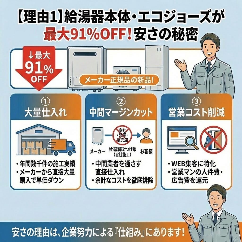 給湯器駆けつけ隊の給湯器・エコジョーズが安い理由。大量仕入れや中間マージンカットによる高値引き率の仕組みを図解