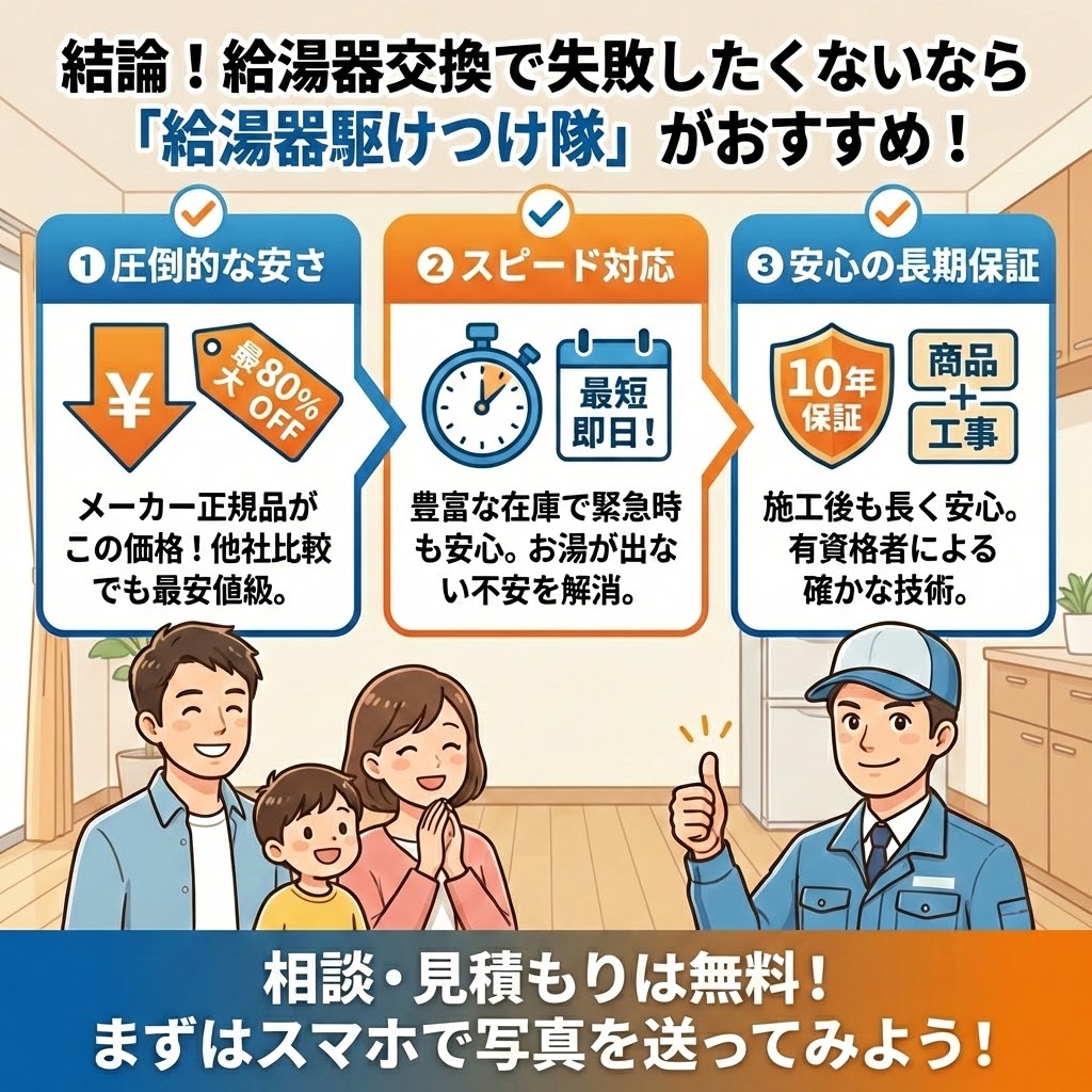 給湯器駆けつけ隊（ミズテック）の評判・検証記事のまとめ。給湯器交換で失敗したくない人に自信を持っておすすめできる理由を総括した画像