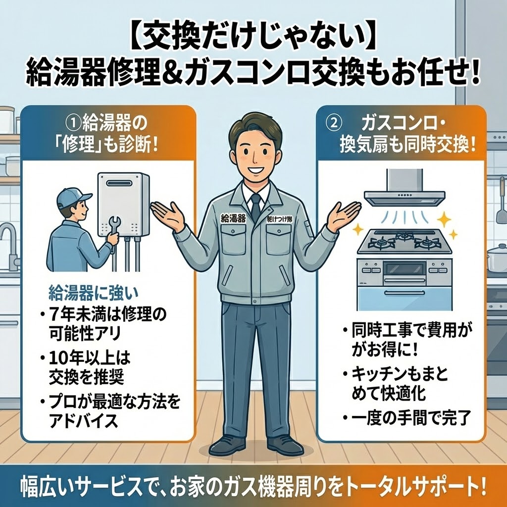 給湯器駆けつけ隊の修理対応とガスコンロ同時交換サービス。使用年数による修理判断やセット割引のメリットを解説した画像