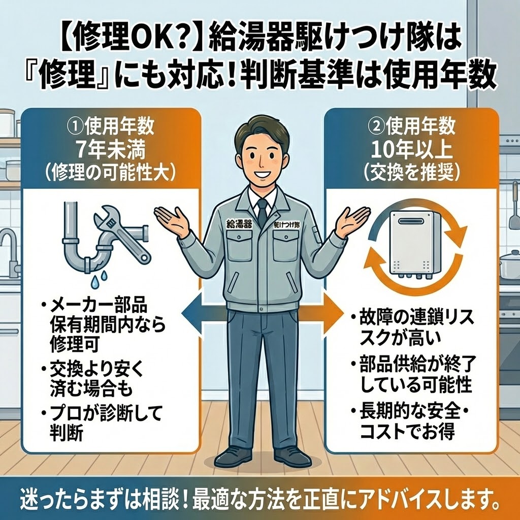 給湯器駆けつけ隊の修理対応判断基準。使用年数7年未満なら修理、10年以上なら交換推奨という目安を解説した画像
