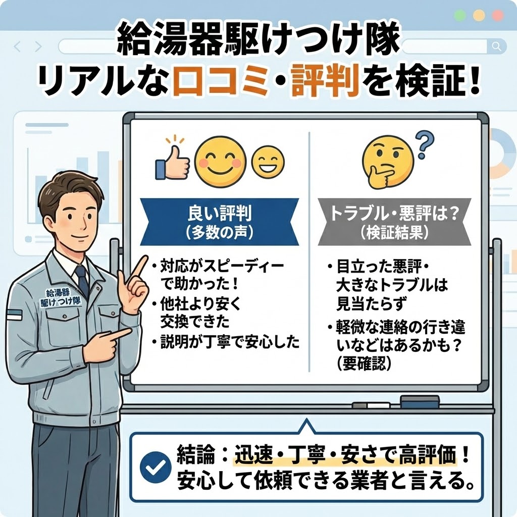 給湯器駆けつけ隊のリアルな口コミ・評判まとめ。トラブルや悪評の有無を検証した解説画像