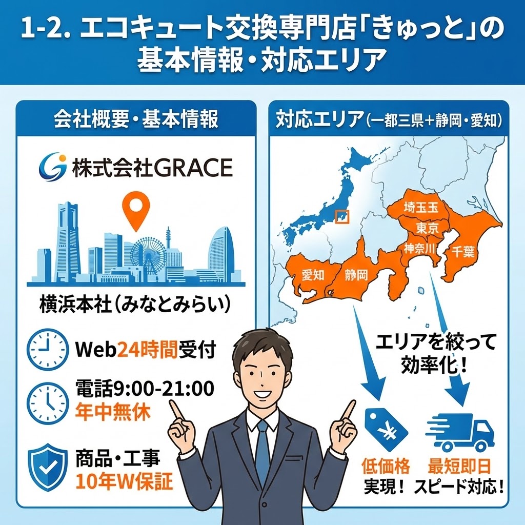 「1-2. エコキュート交換専門店『きゅっと』の基本情報・対応エリア」の図解。左側に運営会社「株式会社GRACE（横浜みなとみらい）」の概要、受付時間、10年W保証を記載。右側に対応エリア（東京・神奈川・埼玉・千葉・愛知・静岡）の地図と、エリア集中による低価格・即日対応のメリットを図示している。