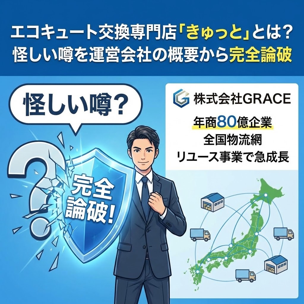 エコキュート交換専門店「きゅっと」とは？怪しい噂を運営会社「株式会社GRACE」の年商80億企業としての実績と全国物流網で完全論破する解説画像