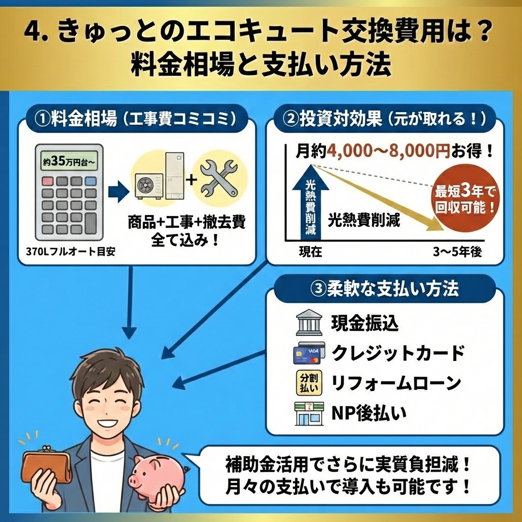 「4. きゅっとのエコキュート交換費用は？料金相場と支払い方法」の解説図解。①工事費・撤去費込みの料金相場（目安35万円台〜）、②月約4,000〜8,000円の光熱費削減による投資対効果（最短3年で回収可能）、③柔軟な支払い方法（現金・クレジットカード・リフォームローン・NP後払い）の3点をイラストと数値で分かりやすく示している。