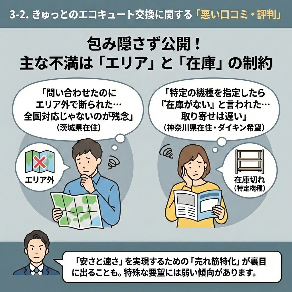 「3-2. きゅっとのエコキュート交換に関する『悪い口コミ・評判』」の図解。主な不満として寄せられる「対応エリア外で断られた（茨城県在住）」、「特定機種を指定したら在庫がなかった（神奈川県在住・ダイキン希望）」という具体的な事例をイラストで示し、安さと速さを追求するが故のエリアと在庫の制約について解説している。