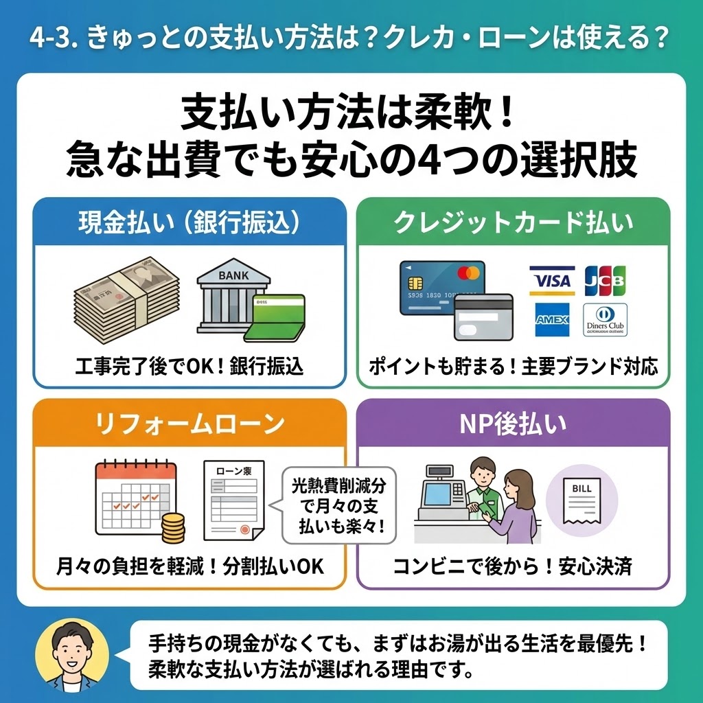 「4-3. きゅっとの支払い方法は？クレカ・ローンは使える？」の図解。現金払い（銀行振込）、クレジットカード払い（主要ブランド対応）、リフォームローン（分割払いOK）、NP後払い（コンビニ決済）の4つの柔軟な支払い方法をイラストで紹介。急な故障による出費でも安心できる選択肢を解説している。