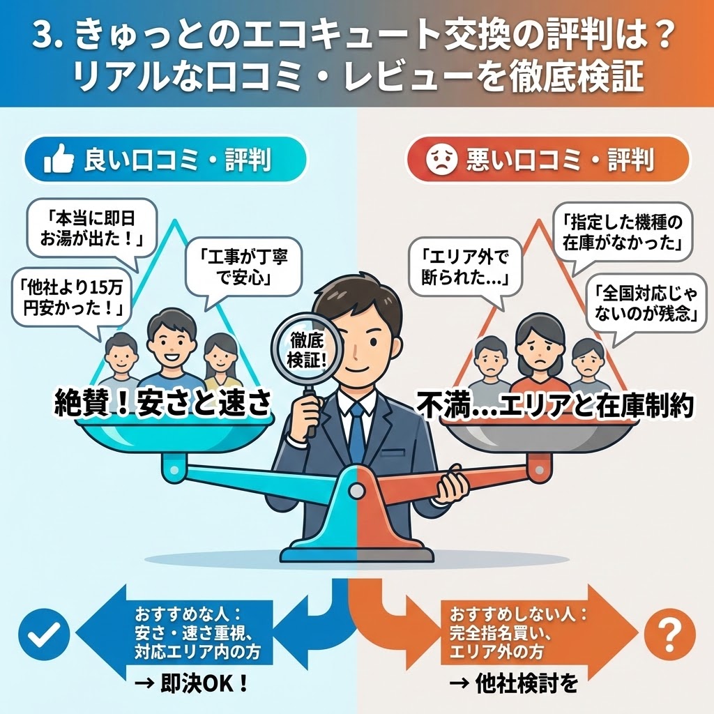 「3. きゅっとのエコキュート交換の評判は？リアルな口コミ・レビューを徹底検証」の図解。良い口コミ（安さと速さへの絶賛）と悪い口コミ（エリアと在庫の制約への不満）を天秤にかけて比較し、それぞれに基づいた「おすすめな人（即決OK）」と「おすすめしない人（他社検討）」の条件を分かりやすく提示しているイラスト。