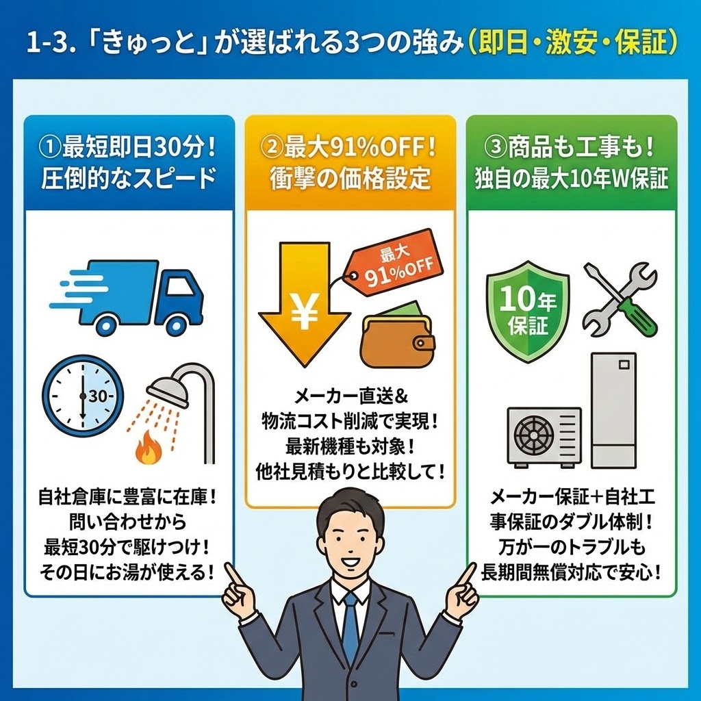 「1-3. 『きゅっと』が選ばれる3つの強み（即日・激安・保証）」の図解。①最短即日30分で駆けつけその日にお湯が使えるスピード対応、②メーカー直送と物流コスト削減による最大91%OFFの激安価格設定、③メーカー保証と自社工事保証を組み合わせた独自の最大10年W保証について、それぞれのメリットをイラストとテキストで分かりやすく解説している。