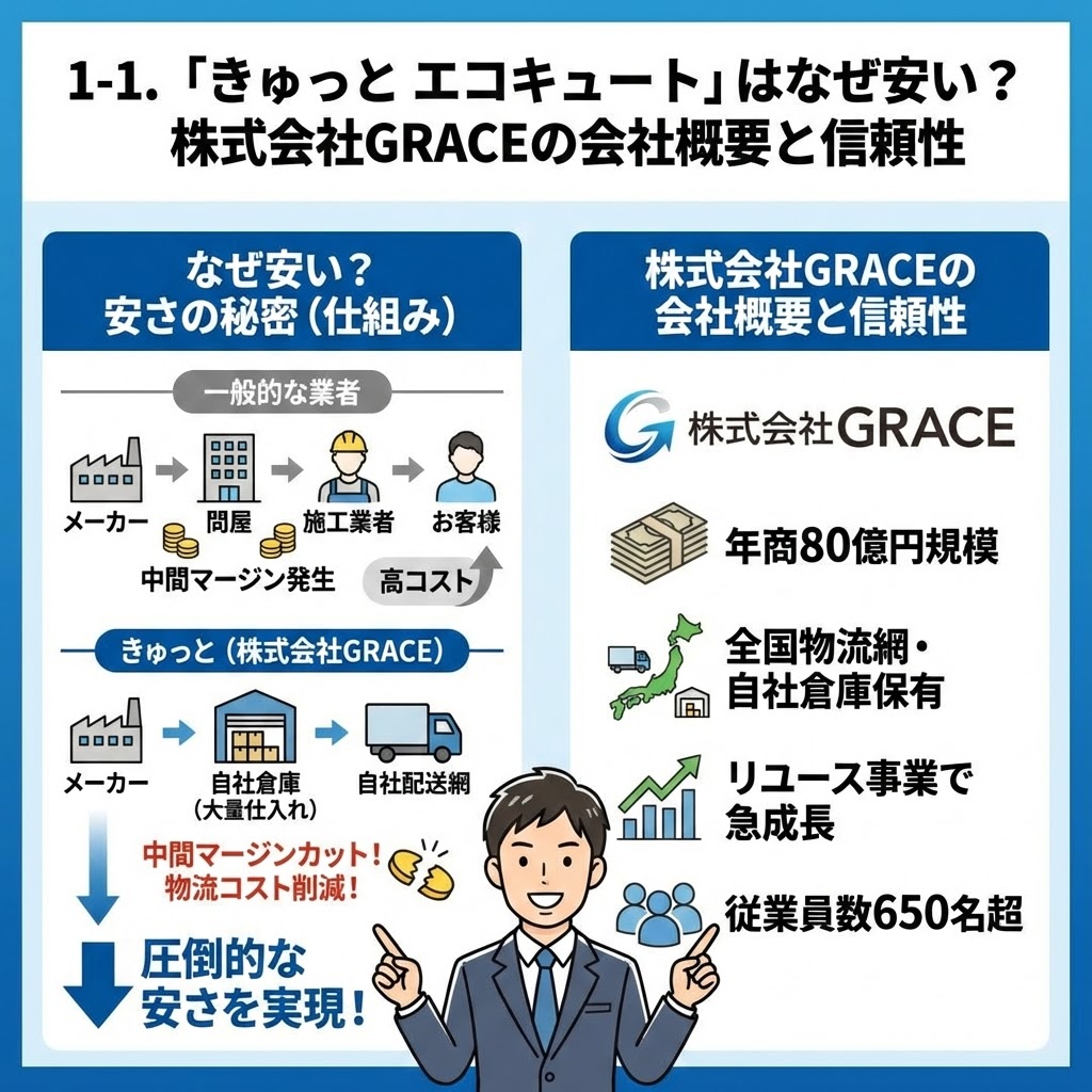 「1-1. 『きゅっと エコキュート』はなぜ安い？株式会社GRACEの会社概要と信頼性」の図解。左側でメーカー直接仕入れと自社物流網による中間マージンカットの仕組みを比較図で示し、右側で運営会社GRACEの年商80億円、従業員数650名超といった信頼性の根拠を提示している。