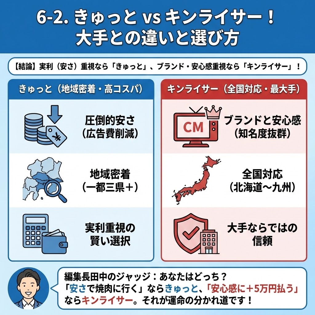「6-2. きゅっと vs キンライサー！大手との違いと選び方」の図解。左側の「きゅっと」は地域密着で広告費を削減した「圧倒的安さ」と実利重視、右側の最大手「キンライサー」はCMによる「ブランドと安心感」と全国対応を特徴として対比。編集長田中による、「安さ」を取るか「安心感に＋5万円払う」かという選び方のジャッジが記載されている。