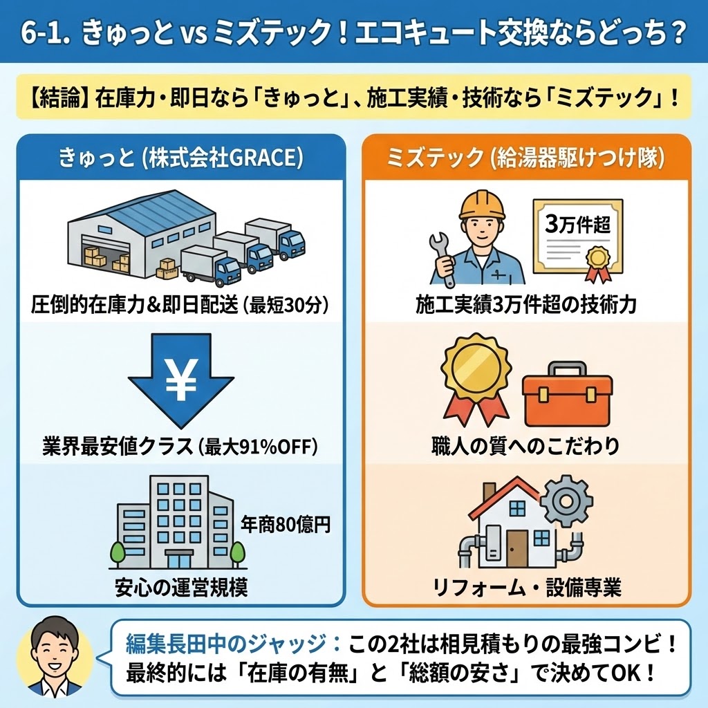 「6-1. きゅっと vs ミズテック！エコキュート交換ならどっち？」の図解。左側の「きゅっと」は圧倒的在庫力と即日配送、業界最安値クラスを特徴とし、右側の「ミズテック」は3万件超の施工実績と職人の技術力を強みとする点をイラストで対比。結論として、編集長田中は「在庫の有無」と「総額の安さ」で最終決定することを推奨している。