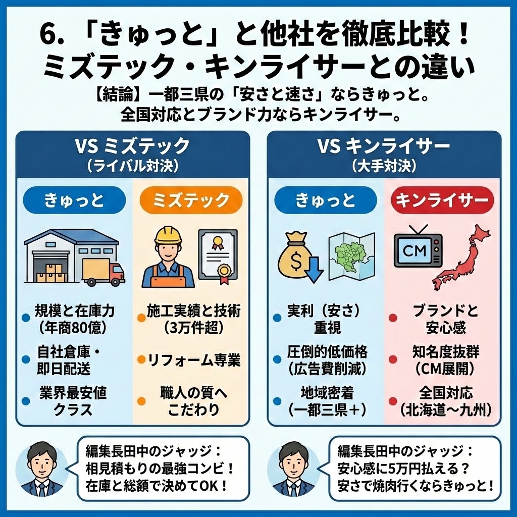 「6.『きゅっと』と他社を徹底比較！ミズテック・キンライサーとの違い」の図解。左側は「きゅっと（安さ・在庫）」対「ミズテック（技術・実績）」のライバル対決、右側は「きゅっと（実利・地域密着）」対「キンライサー（ブランド・全国対応）」の大手対決として、それぞれの特徴と編集長田中による選び方のアドバイスを比較表で分かりやすく解説している。