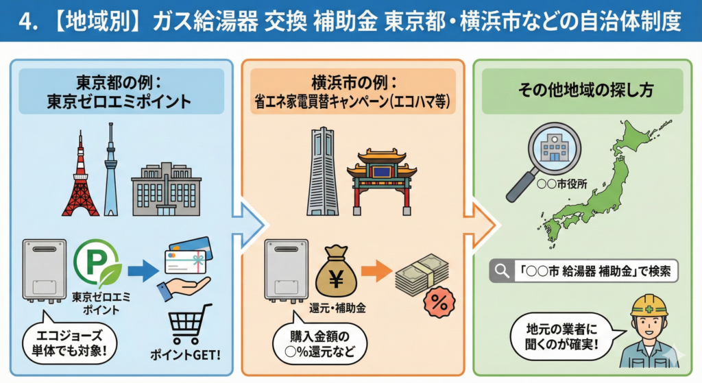 4. 【地域別】ガス給湯器 交換 補助金 東京都・横浜市などの自治体制度。東京都の「東京ゼロエミポイント」（エコジョーズ単体対象）や、横浜市の「省エネ家電買替キャンペーン（エコハマ等）」の具体例と、その他地域の補助金の探し方（ネット検索、地元の業者への相談）を図解したイラスト。