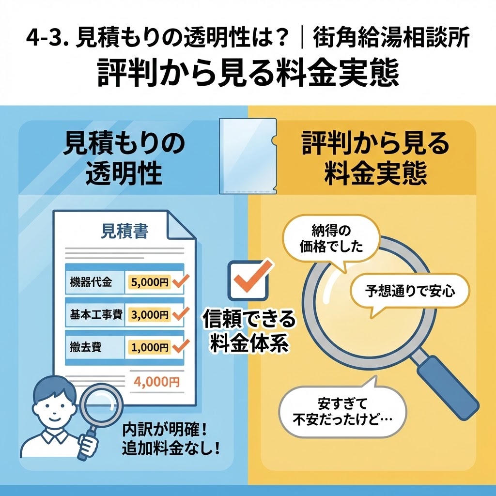 「街角給湯相談所」の見積もりの透明性と、評判からわかる料金実態を解説する図解イラスト。左側は内訳（機器代金、工事費、撤去費）が明確で追加料金がない見積書を確認して安心するユーザー。右側は「納得の価格」「予想通りで安心」といった実際の口コミを虫眼鏡で調査し、「信頼できる料金体系」であることを示しているインフォグラフィック。