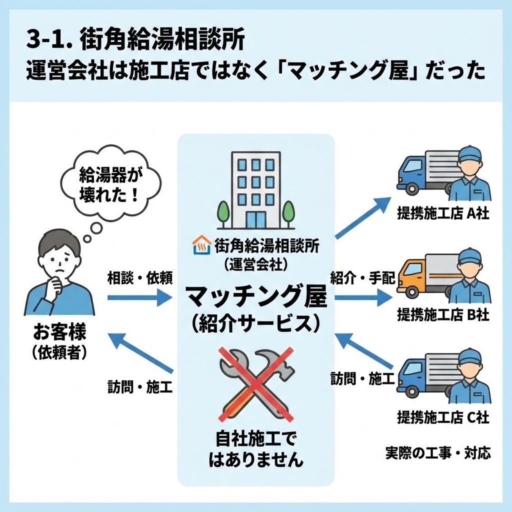 「3-1. 街角給湯相談所 運営会社は施工店ではなく「マッチング屋」だった」の図解。給湯器が壊れたお客様からの相談・依頼を受けた運営会社が、自社で施工（自社施工ではありません）を行うのではなく、提携する複数の施工店（A社、B社、C社）を紹介・手配し、実際の工事や対応は提携店が訪問して行うという「マッチング屋（紹介サービス）」の仕組みをイラストで解説。