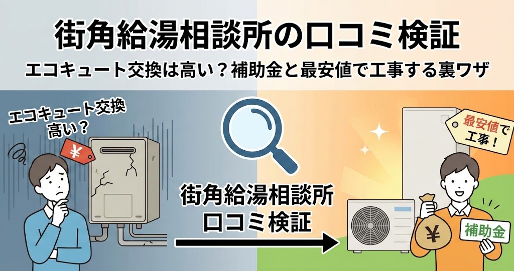 「街角給湯相談所の口コミ検証」記事のアイキャッチ画像。エコキュート交換費用が高いと悩む状態から、補助金と最安値で工事する裏ワザを知り、お得に交換できて喜ぶ様子を描いたイラスト。
