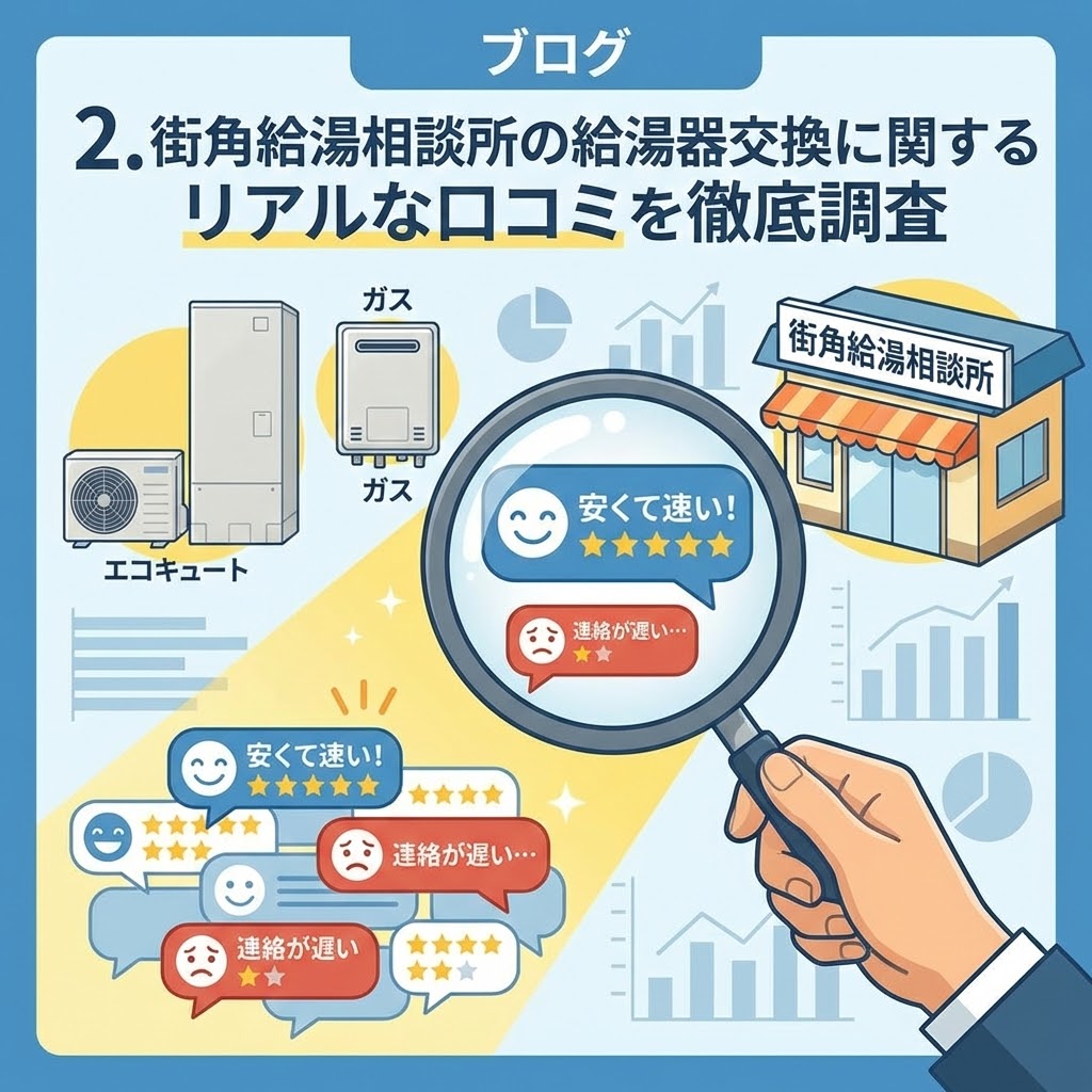 ブログ記事「2. 街角給湯相談所の給湯器交換に関するリアルな口コミを徹底調査」のイメージイラスト。虫眼鏡を使って「安くて速い！」という良い評判や「連絡が遅い…」という悪い評判など、多様なリアルな口コミを詳しく分析している様子。背景にはエコキュートやガス給湯器、データグラフも描かれている。