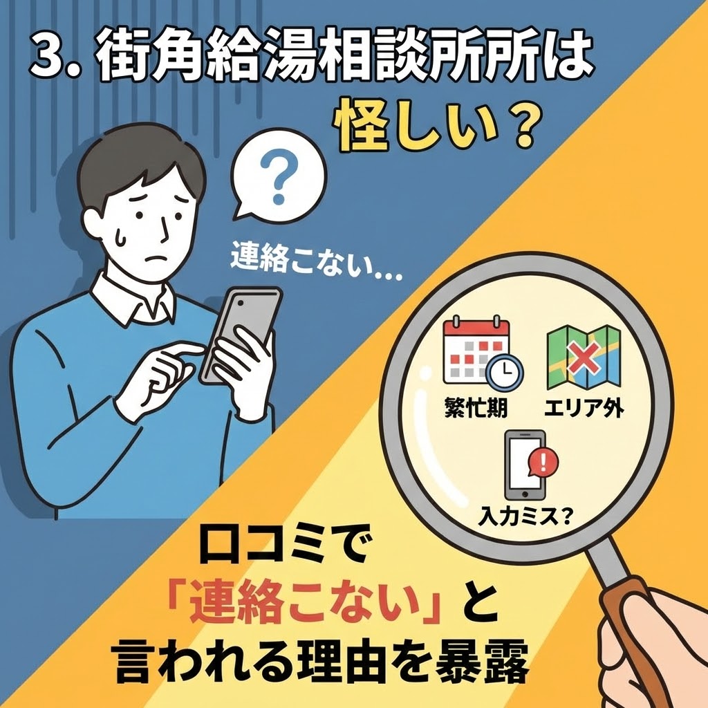 「3. 街角給湯相談所は怪しい？口コミで『連絡こない』と言われる理由を暴露」という見出しの図解イラスト。スマホを見つめ「連絡こない…」と不安がる男性に対し、虫眼鏡でその理由が「繁忙期」「エリア外」「入力ミス？」である可能性を解明・提示している様子。