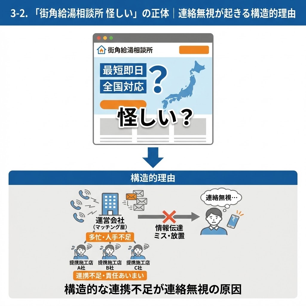 「3-2. 『街角給湯相談所 怪しい』の正体｜連絡無視が起きる構造的理由」の図解インフォグラフィック。上部では「街角給湯相談所」のWebサイトと「怪しい？」という疑問符を提示。下部では、運営会社（マッチング屋）と提携施工店（A社、B社、C社）の間で、多忙や人手不足による「連携不足・責任あいまい」が生じ、それが「情報伝達ミス・放置」となり、最終的に顧客への「連絡無視」につながるという構造的な問題をフローチャートで詳しく解説している。