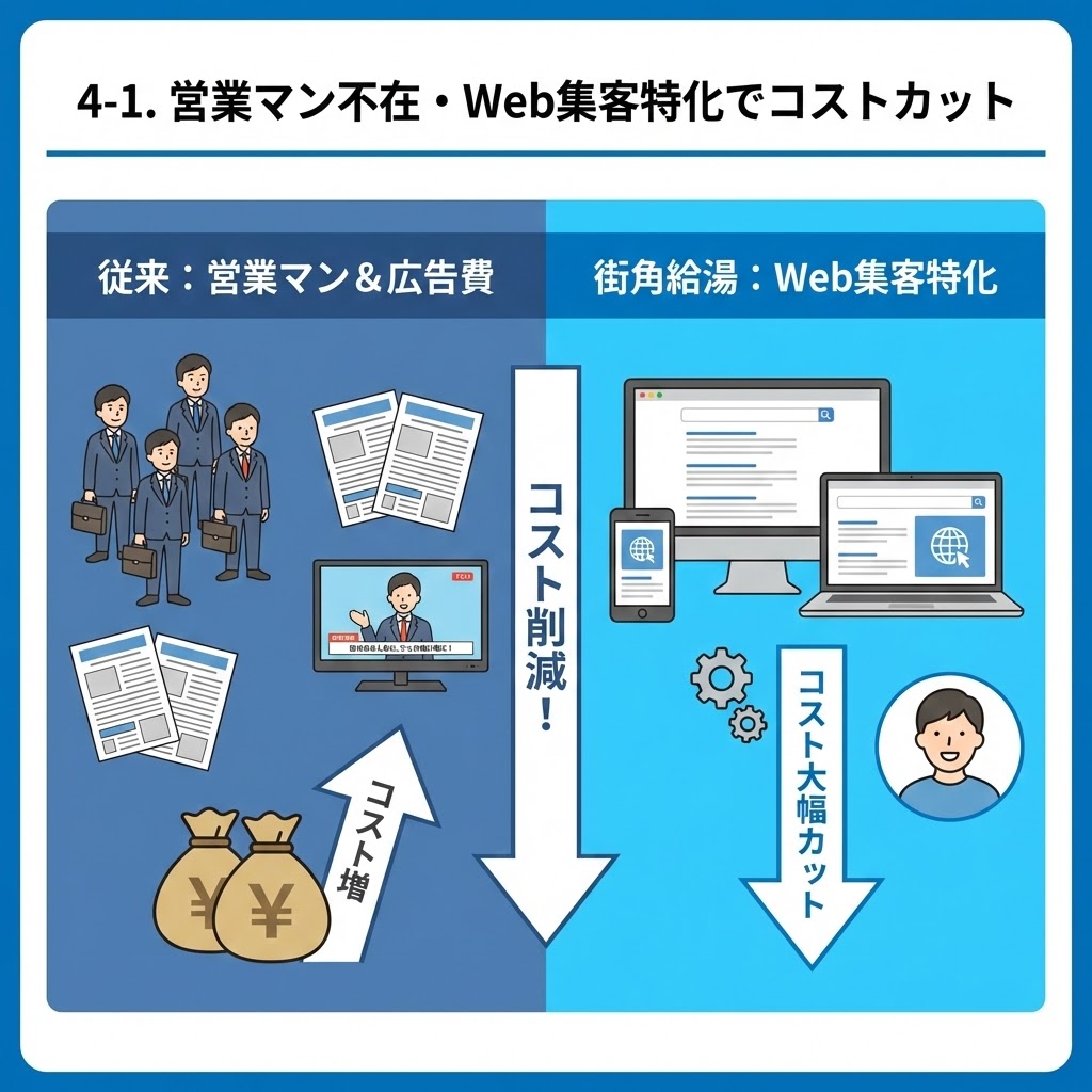 営業マン不在とWeb集客特化によるコストカットの仕組みを解説する比較図。「従来：営業マン＆広告費（コスト増）」と「街角給湯：Web集客特化（コスト大幅カット）」をイラストで対比させ、中間コストを削減して低価格を実現する理由を視覚的に説明している。