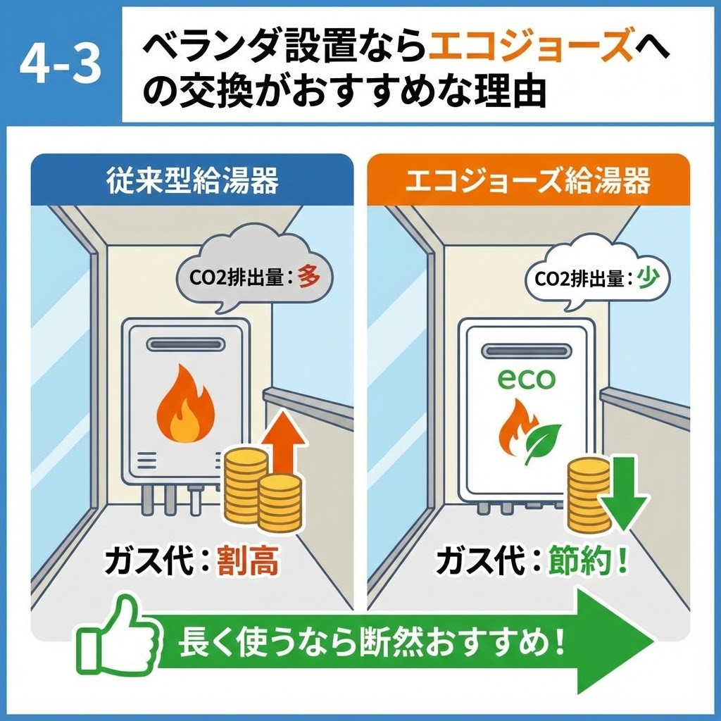 「4-3 ベランダ設置ならエコジョーズへの交換がおすすめな理由」の比較イラスト。マンションのベランダ設置において、従来型給湯器（ガス代割高、CO2排出量多）とエコジョーズ給湯器（ガス代節約、CO2排出量少）をイラストで比較し、「長く使うなら断然おすすめ！」とエコジョーズへの交換を推奨する理由を図解している。