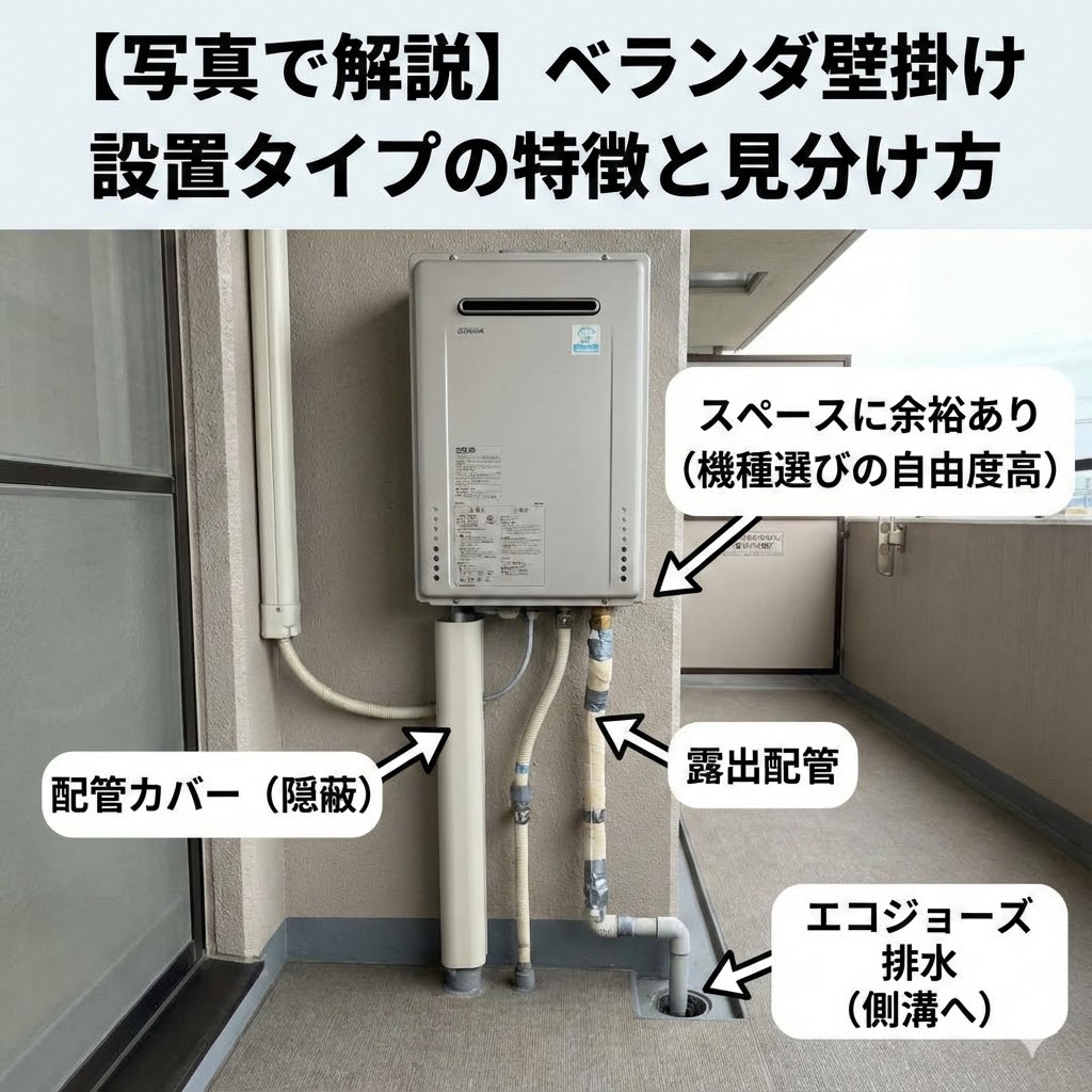 「【写真で解説】ベランダ壁掛け設置タイプの特徴と見分け方」と題された、マンションのベランダにあるガス給湯器の写真。本体周囲にスペースの余裕があり機種選びの自由度が高いこと、配管カバーで隠蔽された部分と露出した配管があること、エコジョーズ給湯器の排水が側溝へ流れる様子を矢印とテキストで具体的に解説している。
