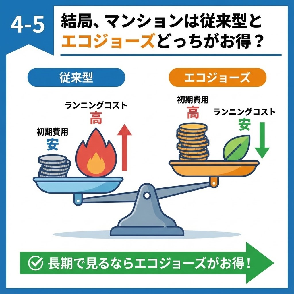 「4-5 結局、マンションは従来型とエコジョーズどっちがお得？」の比較イラスト。天秤の左側には従来型（初期費用：安、ランニングコスト：高）、右側にはエコジョーズ（初期費用：高、ランニングコスト：安）が乗っており、ランニングコストが安いエコジョーズ側に天秤が傾いている。下部には「長期で見るならエコジョーズがお得！」という結論が矢印と共に示されている図解。
