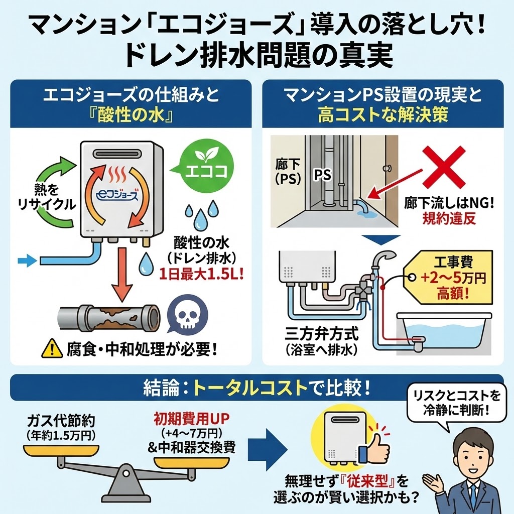 マンション「エコジョーズ」導入の落とし穴とドレン排水問題の真実を解説する図解。左側ではエコジョーズが熱をリサイクルする過程で酸性の水（ドレン排水）が発生し、腐食対策が必要なことを説明。右側ではマンションの廊下側PS設置で排水場所がなく、三方弁方式などの対策が高額になることを図示。下部ではトータルコスト比較を行い、初期費用やメンテナンス費を考えると無理にエコジョーズにせず「従来型」を選ぶのが賢い選択である可能性を示唆している。