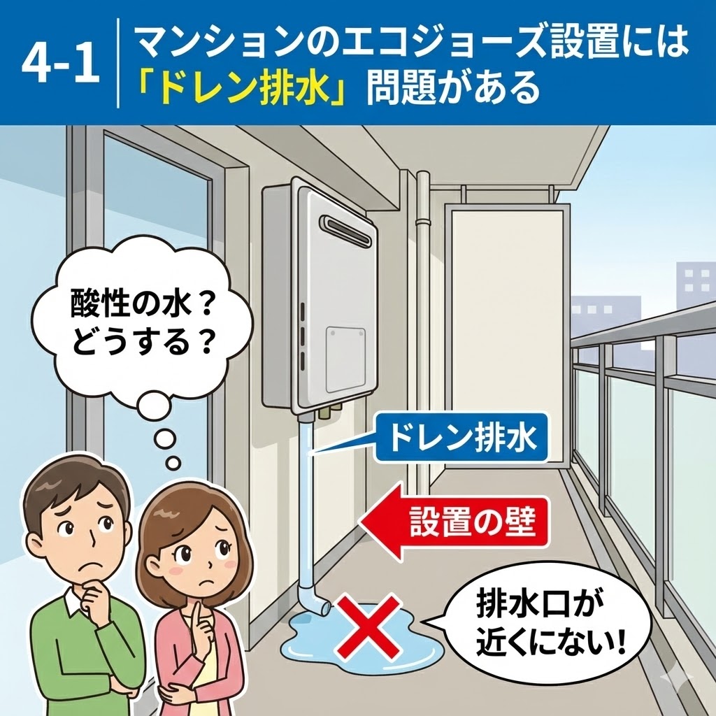 「4-1 マンションのエコジョーズ設置には『ドレン排水』問題がある」の解説イラスト。マンションのベランダに設置されたエコジョーズ給湯器から「ドレン排水」のパイプが伸び、近くに排水口がないため床に水たまりができている。「酸性の水？どうする？」と困惑する夫婦と、これが「設置の壁」であることを示す矢印が描かれている。
