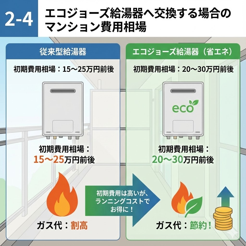 2-4 エコジョーズ給湯器へ交換する場合のマンション費用相場の比較図。従来型給湯器（初期費用15〜25万円前後・ガス代割高）とエコジョーズ給湯器（初期費用20〜30万円前後・ガス代節約）を比較し、エコジョーズは初期費用が高いもののランニングコストでお得になることをイラストとテキストで図解。