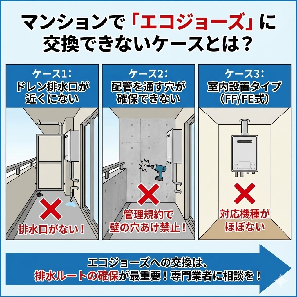 「マンションで『エコジョーズ』に交換できないケースとは？」の図解イラスト。ケース1「ドレン排水口が近くにない（排水口がない）」、ケース2「管理規約で壁の穴あけが禁止され配管ルートが確保できない」、ケース3「室内設置タイプ（FF/FE式）で対応機種がほぼない」の3つの具体的な状況を×印と共に示し、エコジョーズ交換には排水ルートの確保が最重要であり、専門業者への相談が必要であることを解説している。