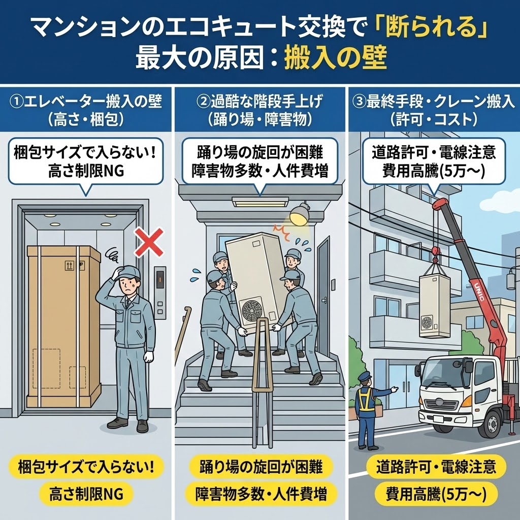 マンションのエコキュート交換で搬入が難しい理由のイメージ図。狭いエレベーターに乗らないタンク、階段での手上げ搬入の苦労、クレーン車による吊り上げ搬入の様子などの難所を図解