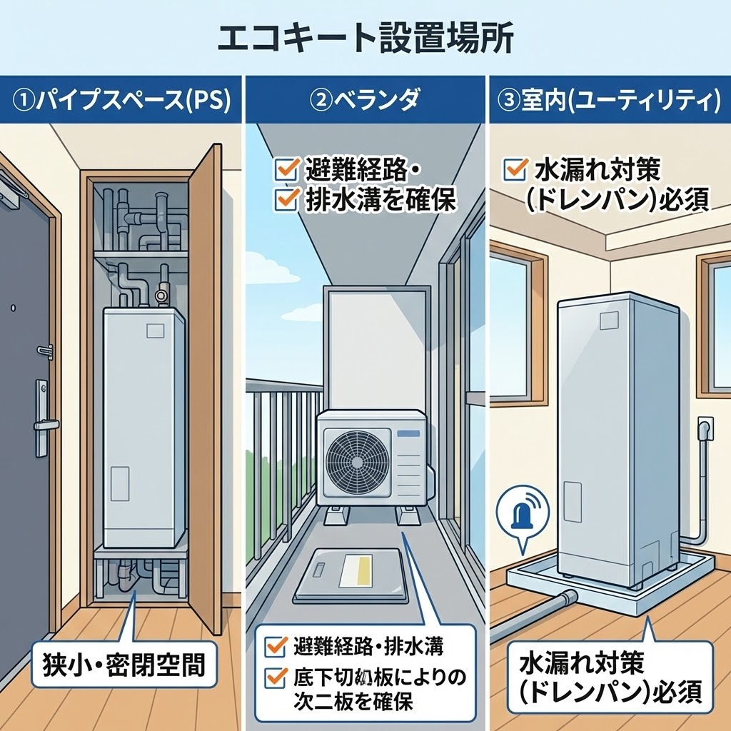 マンションのエコキュート設置場所3パターン（パイプスペース・ベランダ・室内）のイラスト。狭いPSへの設置、ベランダの避難経路確保、室内の水漏れ対策など、各場所の制約と注意点を図解