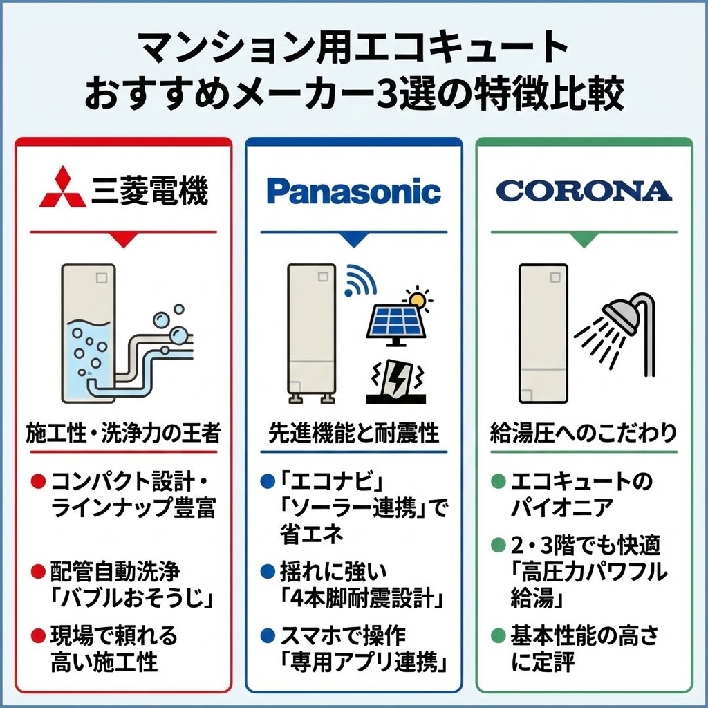 マンション用エコキュートのおすすめメーカー比較図。三菱電機の「バブルおそうじ」やコンパクト設計、パナソニックの「耐震設計」やスマホ連携機能など、各社の強みと特徴をイラストで解説