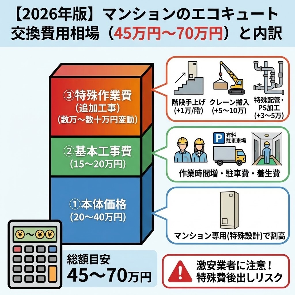 2026年版マンションのエコキュート交換費用の相場（45万円〜70万円）と内訳の図解。本体価格、基本工事費に加え、階段搬入やクレーン、特殊配管などの追加費用が加算される仕組みを解説