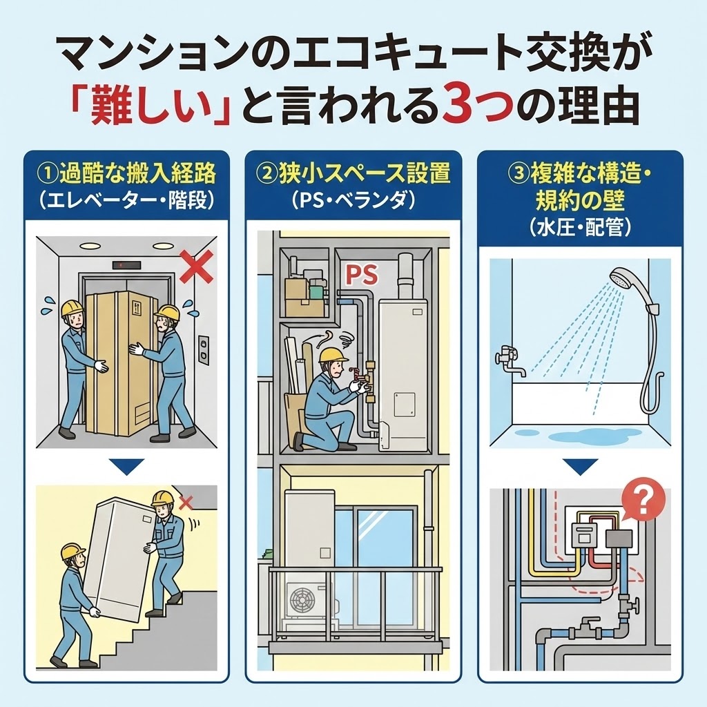 マンションのエコキュート交換が難しい3つの理由を解説するイメージ図。狭いエレベーターや階段での搬入、限られたパイプスペース（PS）への設置、特殊な配管工事の難易度を表現