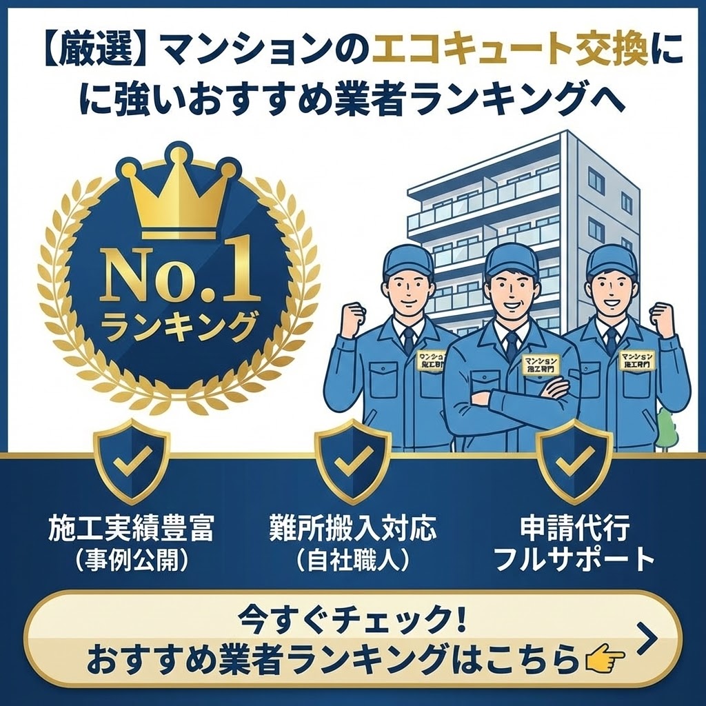 マンションのエコキュート交換業者おすすめランキングのイメージイラスト。施工実績、難所搬入への対応力、管理組合への申請代行など、厳しい基準をクリアした信頼できる優良業者を紹介